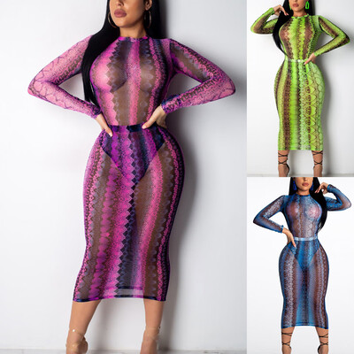 

Womens Snake Print Bodycon Long Sleeve Dress Party Clubwear Maxi Long Dress
