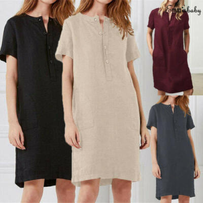 

Womens Maxi Dress Summer Short Sleeve Button Linen Casual Beach Long Dress