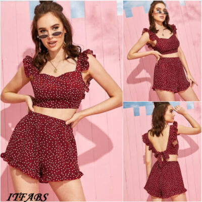 

Womens Ladies 2Pcs Lace Up Crop Tops Pants Co Ord Set Beach Party Suit Playsuit