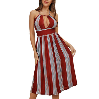 

Sexy Halter Striped Backless Dress Lace-up Cut Out High Waist