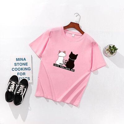 

Womens Korean Style Round Neck Cartoon Cats Print Short Sleeve Loose Pullover T-Shirt