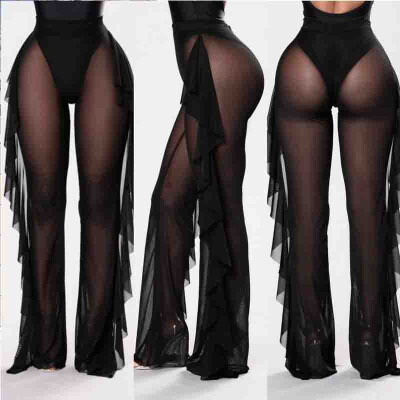 

Women Lace See Through High Waist Flared Trouser Beach Summer Holiday Mesh Pants