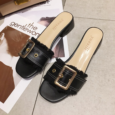 

One-word slippers for women wearing summer Korean version of 100-band belt buckle fringed mid-heeled fairy beach slippers