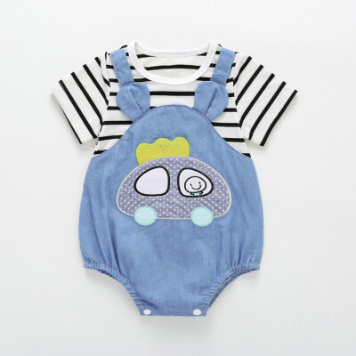 

Toddler Kid Baby Boys Fake 2 Pieces Cartoon Patchwork Striped Romper Bodysuits