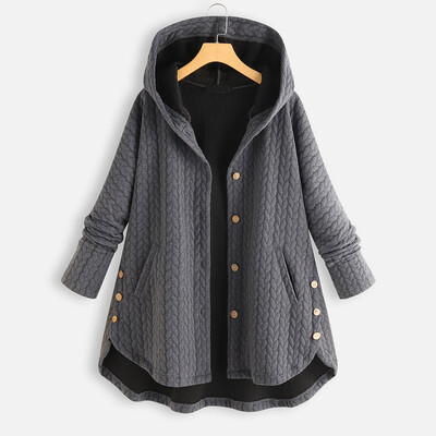 

Tailored Women Plus Size Casual Button Pockets High Low Long Sleeve Hooded Coat