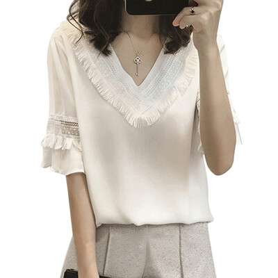 

Plus Size Women Blouse&Tops Summer Top Casual Loose Half Sleeve Solid Lace V-neck Chiffon Blouses Female Shirts Blusa