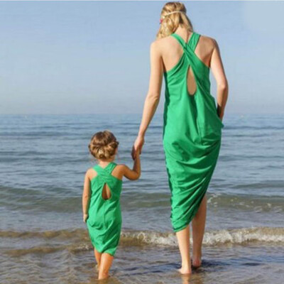 

Mommy＆Me Child Girls Sleeveless Solid Backless Family Clothes Long Dress
