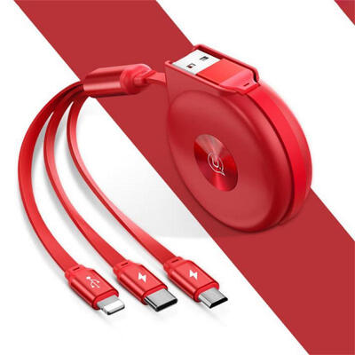 

USAMS U20 1M 3-in-1 Retractable Data Cable USB To Lightning Micro USB Type-C Telescopic Charging Cable Line -1m