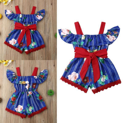 

Toddler Baby Girl Floral Off Shoulder Halter Romper Jumpsuit Overall Shorts Infant Sunsuit Outfit One Piece Clothes Blue