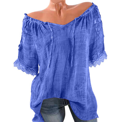 

Nomeni Women Casual Cold Off Shoulder Lace Solid Slash Neck Plue Size Tops Shirt Blouse