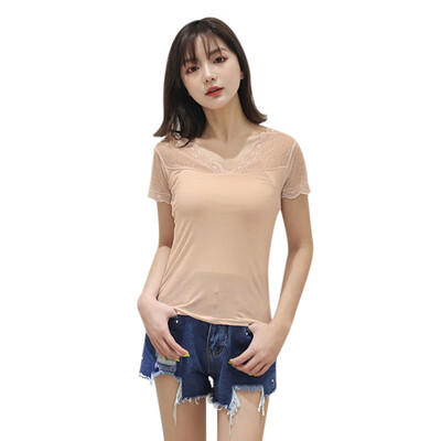 

Women Casual Lace Stitching Simple Slim V-neck Short-Sleeved Bottoming Shirt Wild T-Shirt