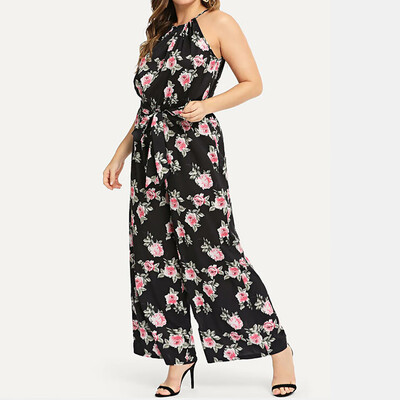 

Starmoon Women Plus Size Printed Sleeveless O-Neck Rompers Long Jumpsuits Rompers