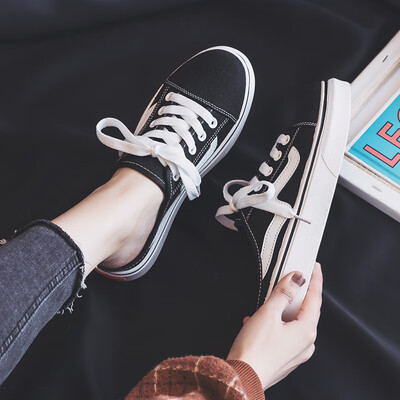 

Black canvas womens shoes 2019 summer new half slippers with no heel lazy shoes Korean version of Joker spring tide shoes