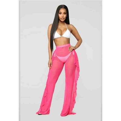 

Sexy Women Beach Mesh Ruffle Sheer Wide Leg Pants Trousers Bikini Cover Up -XXL