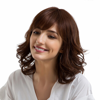 

〖Follure〗Ladies Human Hair Brown Wigs With Bangs StraightCurly Middle Length Wave Wigs