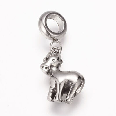 

304 Stainless Steel European Dangle Beads Large Hole Pendants Antique Silver Chinese Zodiac Cattle 2530mm