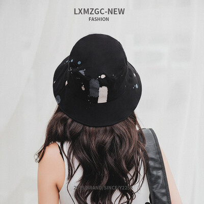 

Womens new hat Japanese art fisherman hat Korean version of the inkjet flat top basin hat outdoor shade big eaves hat