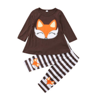 

Kids Baby Girl Fox Outfit Long Sleeve T-Shirt Top DressStripe Pants Clothes Set