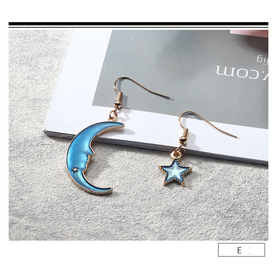 

Women Blue Metal Asymmetric Geometry Starry Moon Planet Stud Earrings Long Asymmetric Wild Sweet Jewelry Eardrop One size