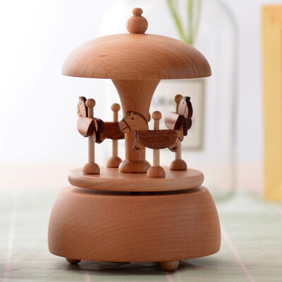 

Gobestart Handmade Merry-Go-Round Wooden Clockwork Music Box Craft Decoration Gift