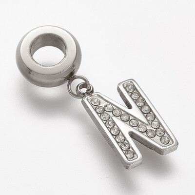 

304 Stainless Steel European Dangle Beads with Rhinestone LetterN 24mm Hole 45mm 13x8x15mm