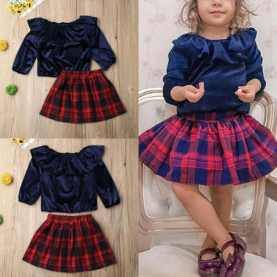 

Autumn Toddler Kids Baby Girls ShirtPlaid Skirt Dress Outfits Clothes 2Pcs Set