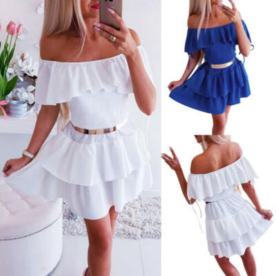 

Women Casual Ruffle Off Shoulder Slim Solid Party Cocktail Club Short Mini Dress