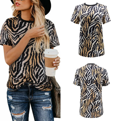 

Summer Womens Leopard Printed Top Short Sleeve Round Neck Ladies Casual T-Shirt