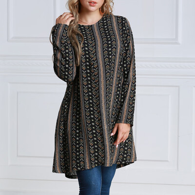 

Autumn Women Plus Size Long Loose Blouse Special Print O-Neck Long Sleeves Vintage Pullover Top