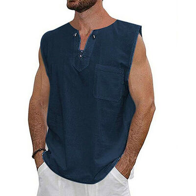 

Mens Linen Sleeveless Summer Solid Shirts Casual Loose Dress Soft Tops Tee