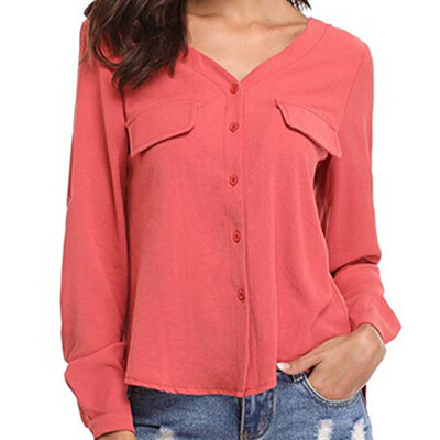 

Nomeni Women Casual Long Sleeve V-Neck Chiffon Button Shirt Blouse Tops
