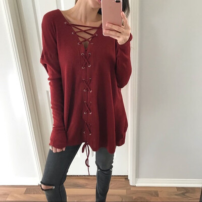 

Nomeni Womens Fashion Sexy Lace Bow Tie V Neck Solid Long Sleeve Tops Tanic Blouse