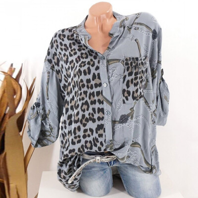 

Tailored Womens Long Sleeve Leopard Print Button Tee Casual Popular Blouse TopsS