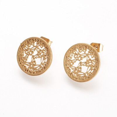 

304 Stainless Steel Stud Earrings Textured Flat Round with Butterfly Golden 15x1mm Pin 06mm