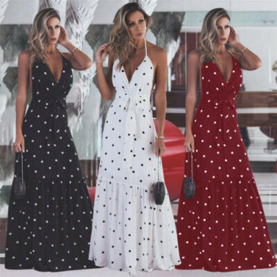 

Boho Women Summer Holiday Polka Dot Maxi Dress V-neck Long Cocktail Dress