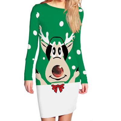 

Fashion Women Christmas Dress Christmas Cosplay Costume Digital Print Dress Long Sleeve Round Neck Dresses