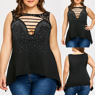 

Roseonmyhand Fashion Womens Plus Size Sleeveless Ladder Cutout T-shirt Rhinestone Tank Tops