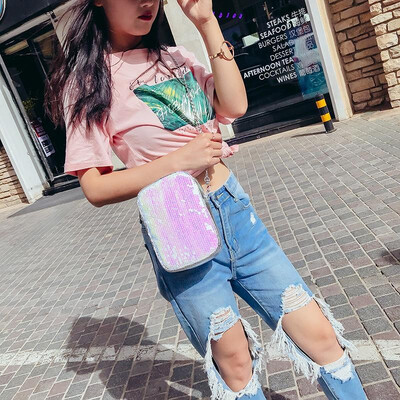 

Fashion Women Crossbody Bag Sequins Zipper Top Solid Color PU Chain Shoulder Messenger Bag