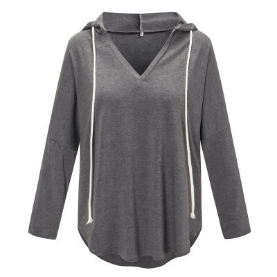 

Women Hoodies Long Sleeve Solid Color Drawstring Cotton Pullover Loose Tops