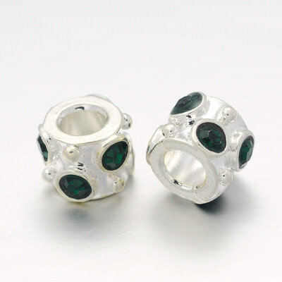 

Silver Plated Alloy Rhinestone European Beads Large Hole Column Beads Emerald 10x8mm Hole 5mm
