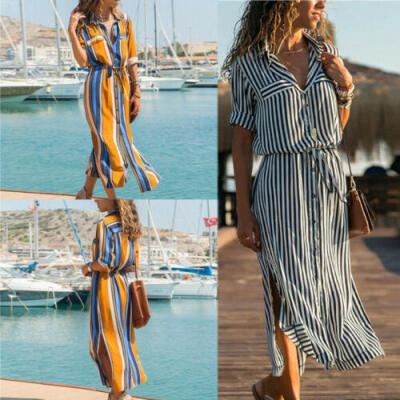 

2019 Womens Stripe Long Sleeve Casual Cotton Oversized Maxi Long Shirt Dress