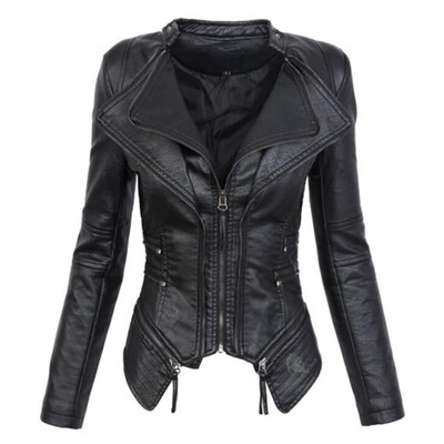 

Women Ladies Solid Color Tops Jacket Lapel Faux Leather Long Sleeve Zipper Coat