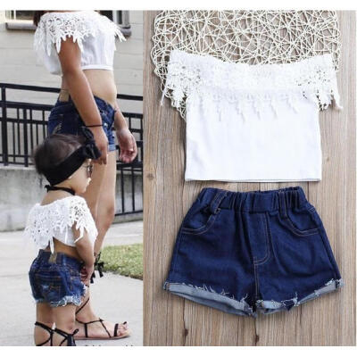 

2Pcs Cute Toddler Baby Kids Girls Lace Tops Denim Shorts Pants Outfits Clothes