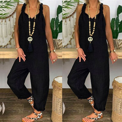 

Womens Sleeveless Casual Linen Jumpsuit Loose Wide Leg Pants Strap Harem Trousers Overalls