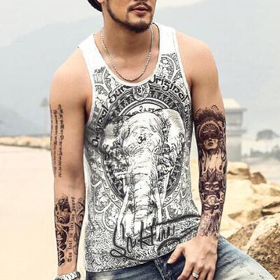 

Summer Men U-Neck Sleeveless Vintage Print Loose Beach Tops Sports Vest Singlet