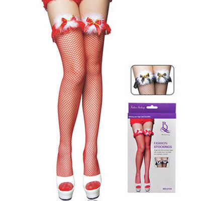 

Women Ladies Casual Fishnet Stocking Christmas Fuzzy Bowknot Solid Red Stockings Net Hollow Out Sexy Women Girls Leggings