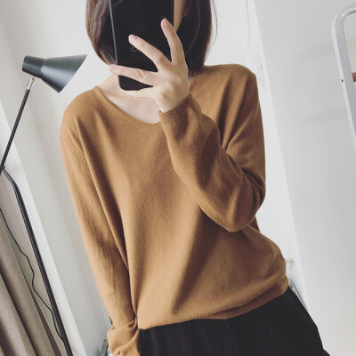 

Womens solid color sweater deep V-neck top stretch cotton tight bottoming long-sleeved knitwear code