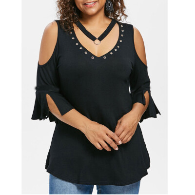 

Nomeni Plus Size Fashion Women Solid T-shirt Short Sleeve Vest V-Neck Rivet Blouse