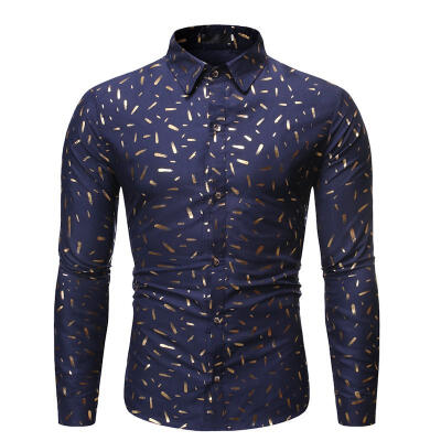 

Men\s Fashion Long-sleeve Shirt with Gilding​ Pattern Casual Male Business Turn-down Collar Top Shirt