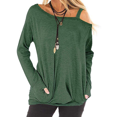 

Women Autumn Winter Fashion Casual Top with Pockets Pure Color T-shirt Loose Oblique collar Long sleeve T-Shirt